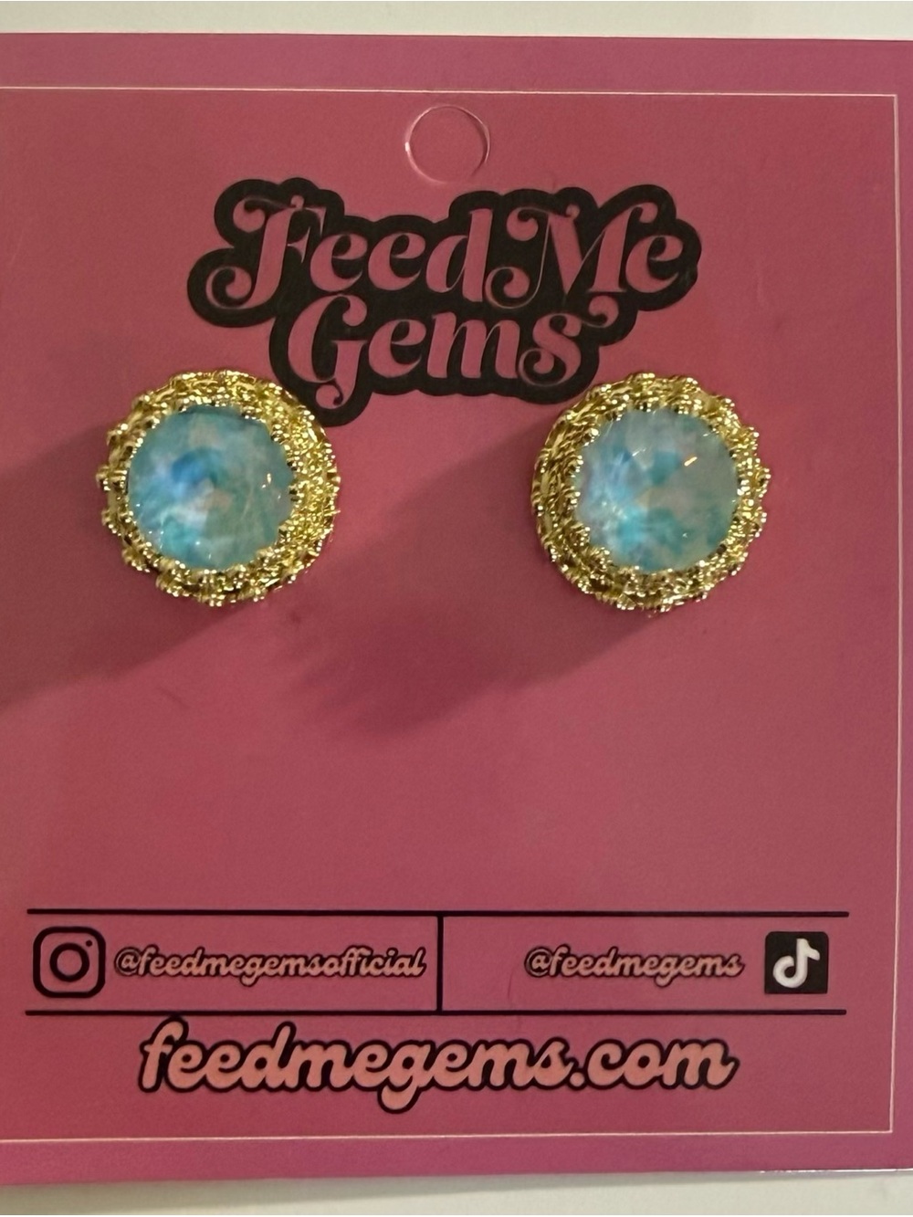 Feed Me Gems Gold-Trim Blue Opal Queen Stud Earrings